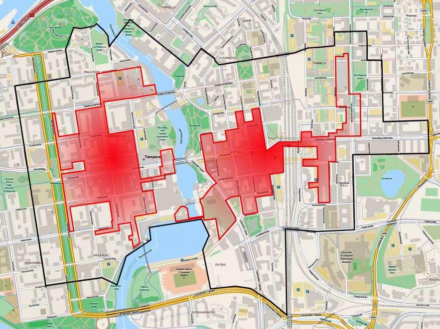 Tampereen elävä keskusta-alue Tampereen kuumat korttelit 2017 (punaisella rajattu) ja elävä keskusta (musta raja). Elävä keskusta = liiketilojen laskentaalue (rajaus tehty v.