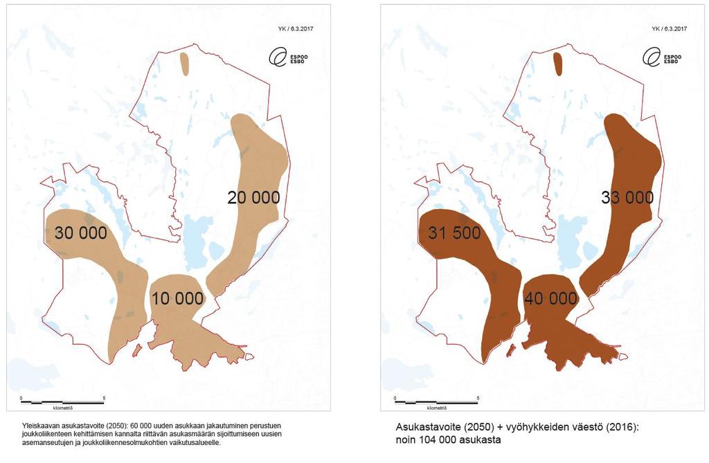 Väestökasvuun varautuminen ja sen painopisteet Yleiskaavassa varaudutaan 60 000 uuden asukkaan sijoittumiseen alueelle vuoteen 2050