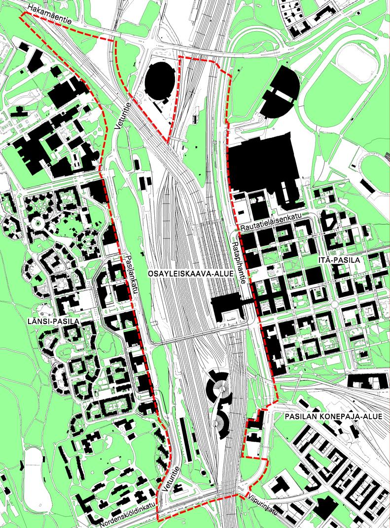 5 1. OSAYLEISKAAVA-ALUE 1.1 Suunnittelualueen rajaus Suunnittelualueen rajana ovat etelässä Nordenskiöldinkatu, lännessä Pasilankatu, pohjoisessa Hakamäentie ja areenahalli sekä idässä Ratapihantie.