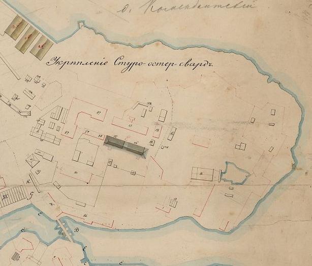 Ote kartasta vuodelta 1846, jossa vanhat rakennukset ovat vielä kartalla uuden kasarmirakennuksen hahmotelman kohdalla.