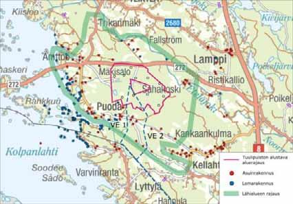 VAIKUTUKSET YHDYSKUNTARAKENTEESEEN, MAANKÄYTTÖÖN JA LIIKENTEESEEN Kuva 9-1. Vakinainen ja loma-asutus tuulivoimapuiston lähialueella. 9.3.