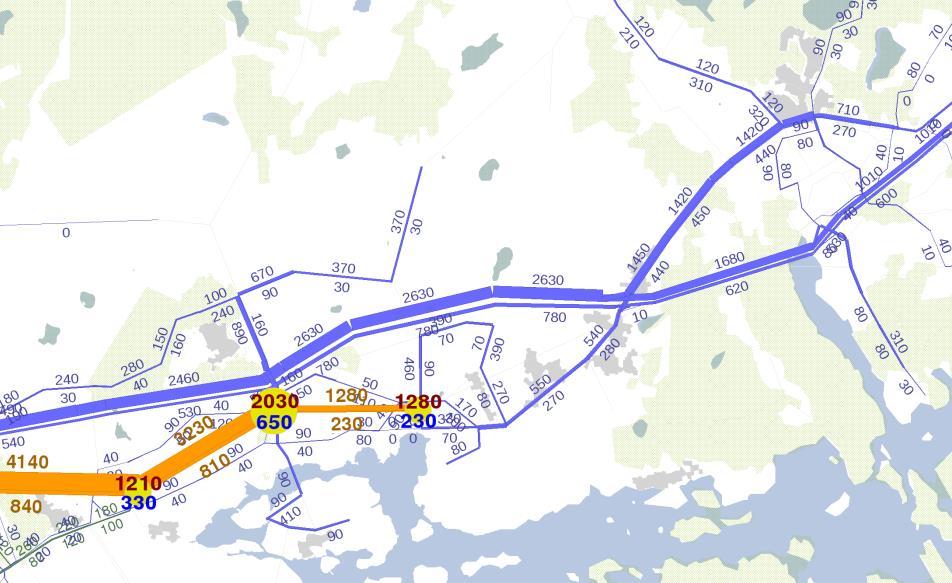 Ve A. Matkustajakuormitusennuste, aamuhuipputunti v. 2050.