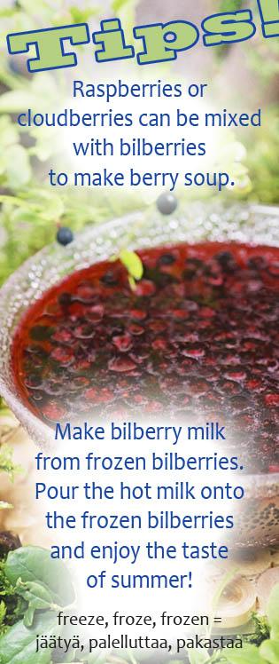 Bilberry soup 1 l water ½ dl sugar or 2 tbsp fructose 2 3 tbsp potato starch Approx. ½ l bilberries Measure water, sugar and potato starch into a saucepan.
