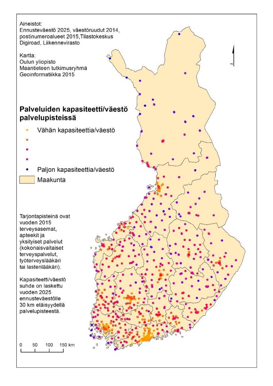 Palveluiden kysynnän ja tarjonnan tarkastelu Palvelujen päällekkäisyys Two-step floating catchment area (2SFCA) Kysynnän ja tarjonnan suhdetta lasketaan kahdessa vaiheessa: 1) Tarjonta/kysyntä