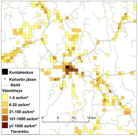 Paikkatietoaineistot Yksilöiden sijainti kuvataan pisteinä, heillä on ominaisuustieto kuten terveydentila. Väentiheys 1 km² ruuduilla kuvaa lähiasuinympäristöä.