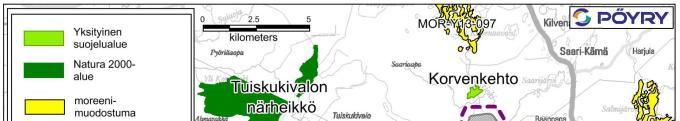 300 13 SUOJELUALUEET JA NATURA 2000-VERKOSTON KOHTEET 13.1 Nykytila 13.1.1 Suojelualueet Suojelualueiden sijainnit on esitetty kuvassa (Kuva 13-1).