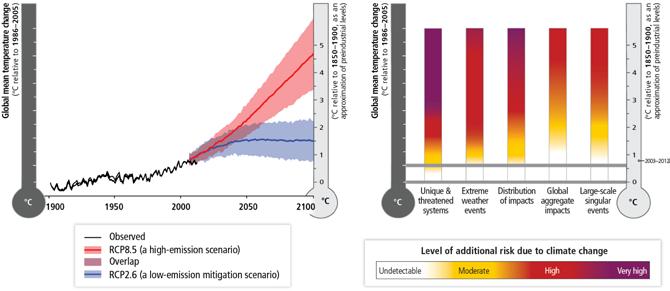 Kaavio 3. Maailmanlaajuiset kehityspolut ja keskeisten ilmastoriskien lisääntyminen (IPCC. 2014).