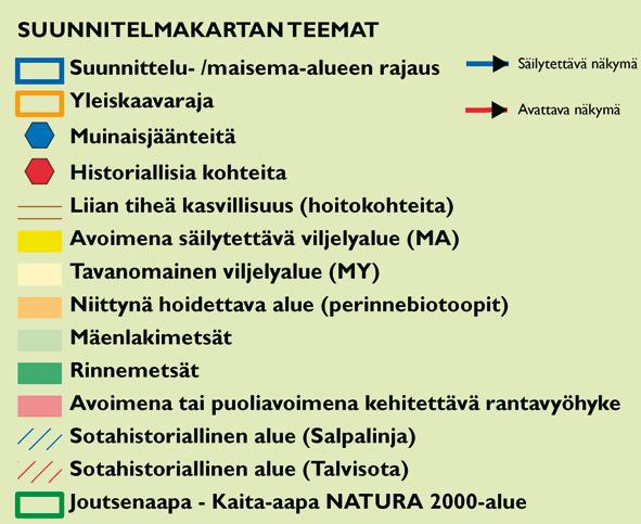 SUUNNITTELUALUEEN/MAISEMA-ALUEEN RAJA Merkinnällä on osoitettu suunnitelma-alueen rajaus Suositus: Maisema-alueen raja tulisi merkitä Salla Savukoski tien varteen kylteillä YLEISKAAVARAJA LIIAN TIHEÄ