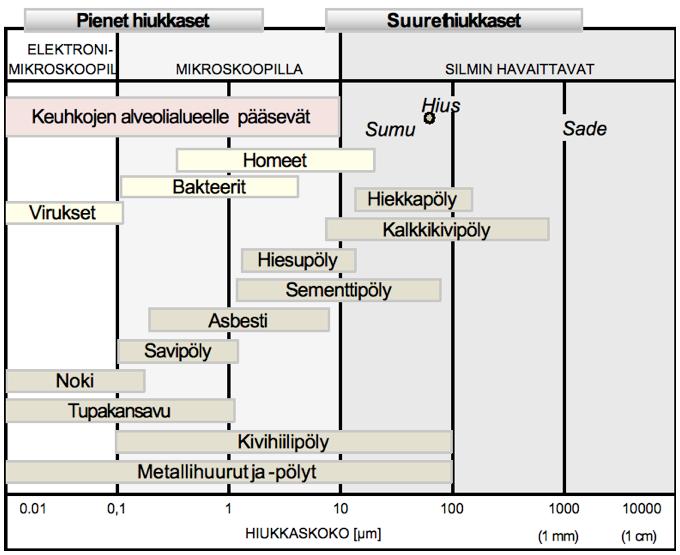 Kuva 1. Erilaisia hiukkaskokoja, joista pöly voi koostua. Kuva: www.rakennuskone.fi. Kuva 2.