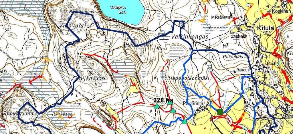 Kuva 5. Valkin ojan valuma-alueet, ehdotetut vesiensuojelurakenteet ja uomien eroosioriski. Valkin ojan valuma-alue on rajattu kuvassa tummansinisellä.