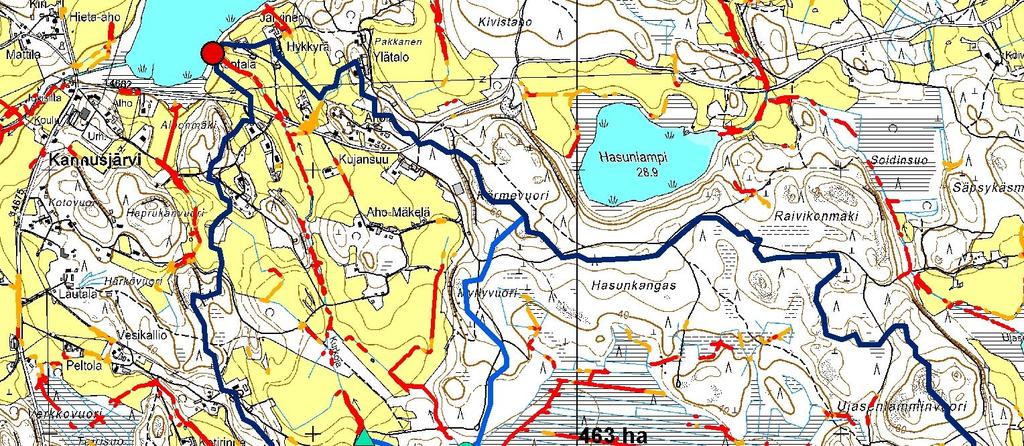 Kuva 9. Kurkojan valuma-alueet, ehdotetut vesiensuojelurakenteet ja uomien eroosioriski. Kurkojan valuma-alue on rajattu kuvassa tummansinisellä.