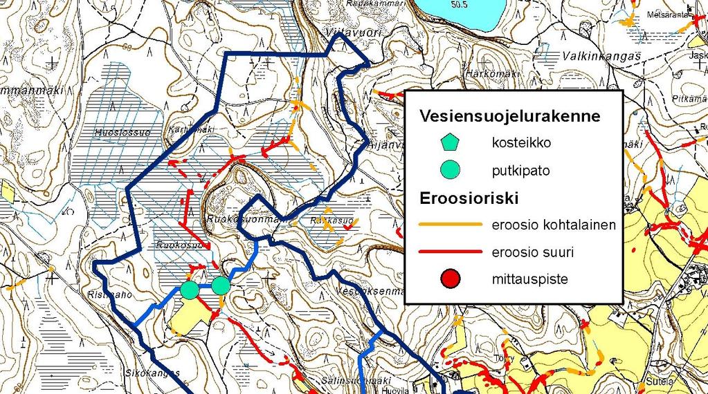 Kuva 1. Ojavuoren ojan valuma-alueet, ehdotetut vesiensuojelurakenteet ja uomien eroosioriski. Ojavuoren ojan valuma-alue on rajattu kuvassa tummansinisellä.