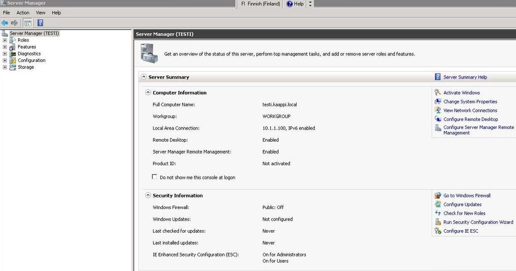 19 Kuvassa 3 on esitettynä Vmware vsphere Client ohjelman käyttöliittymää. Palvelinhuoneen HP DL360GS verkkokortti täytyi liittää virtuaaliseen verkkokorttiin vmwaren avulla.