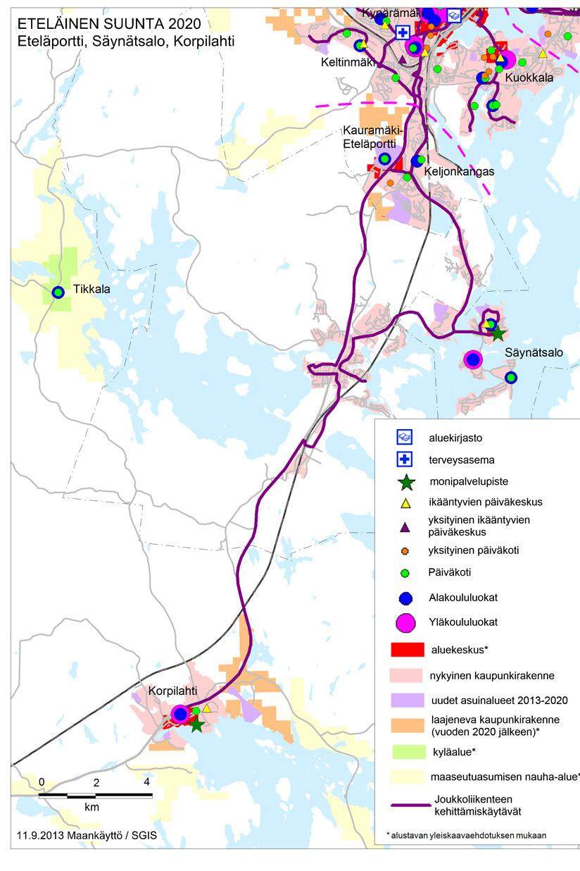 Esimerkki keskeisten palvelujen mahdollisista palveluverkoista vuonna 2020: Eteläinen suunta Monipalvelupisteiden palvelujen sisältö ja laajuus määritellään alueen muiden palvelujen, alueen