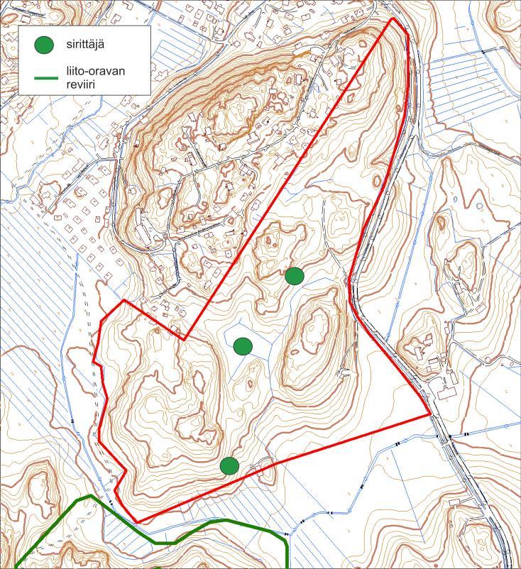 Kuva. Huomionvoisten lintulajien reviirit ja lähimmän liito-orava-alueen sijainti (rajaus aupungin luontotietojärjestelmän muaan). 4.