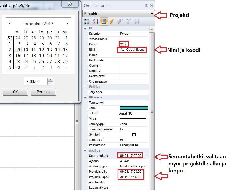 Projektille annetaan tallennuksen yhteydessä lisäksi tiedostonimi. Projektille määritetään myös seurantahetki, johon tulee alkamispäivämäärä ja loppupäivämäärä.