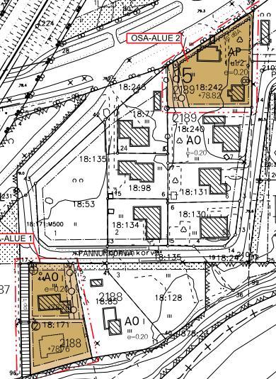 tehokkuusluku e=0.20 VE 2 tontti 2188-1 (osa-alue 1) o erillispientalojen korttelialue AO o kerrosluku I (yksi) o tehokkuusluku e=0.