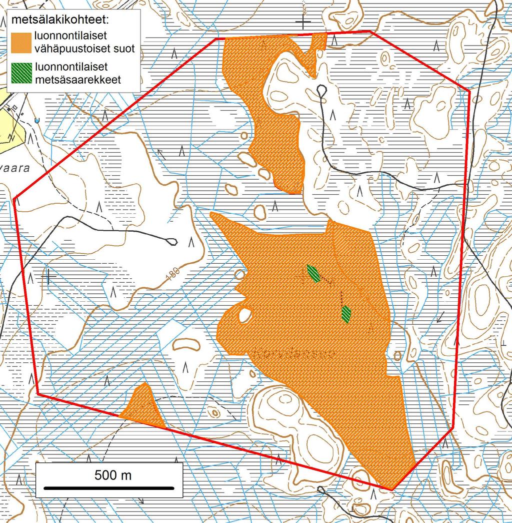 Sivu 14/15 Kartta 2. Korvilan alueen metsälain tarkoittamat erityisen tärkeät elinympäristöt. Lähteet Eurola, S., Huttunen, A., Kukko-oja, K. 1995: Suokasvillisuusopas.