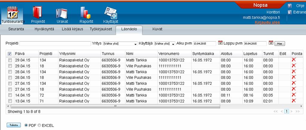 2. Läsnäolojen seuranta ja AVI 1. 2. 3. 1. Kirjoita projektin nimi tai hae kaikki painamalla Hae. 2. Voit muokata hakua valitsemalla yrityksen, työntekijän sekä alku- tai loppupäivämäärän.