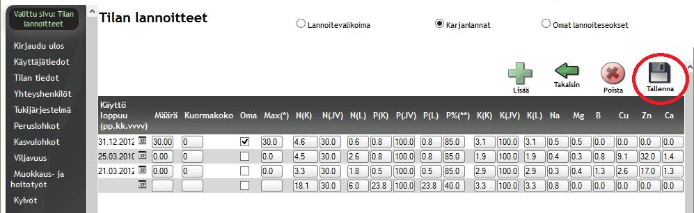 ruutuihin oletusarvot, joita voi muokata kirjoittamalla uuden ravinnearvon vanhan arvon päälle.