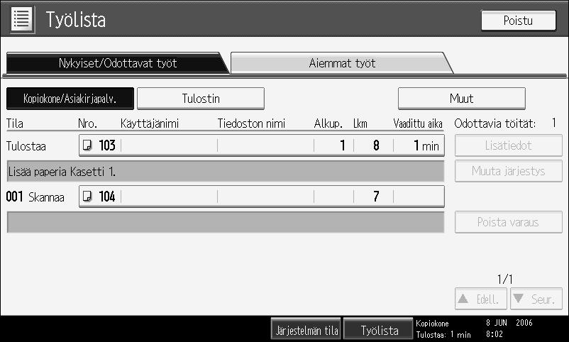 Työlista Kopiointi-, asiakirjapalvelin- ja tulostustiloissa tulostetut työt tallennetaan laitteeseen tilapäisesti ja suoritetaan järjestyksessä.