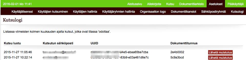 2.4 Kuinka lähetän allekirjoituskutsun: Uudelleen kutsuminen Jos kutsuttava ei ole allekirjoittanut dokumenttia, voidaan palvelussa Asetukset-> Kutsuloki lähettää kutsu uudelleen.