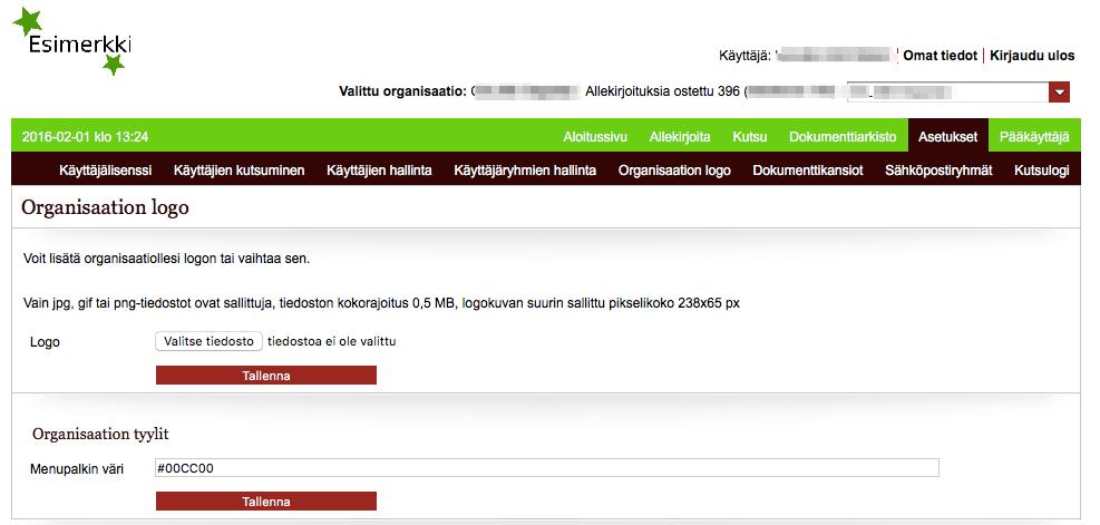 4.5 Asetukset: Organisaation logo Organisaation logo ja valikkopalkin värit voidaan muokata itse.