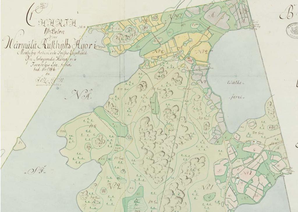 CHARTA 1sta Delen Öfver Wärmälä Rusthålls Ägor i Messuby Soken och Teisko Capellgäld Öfre Satagunda Härad och Tavastehus län. Forfattad År 1786 af Joh.