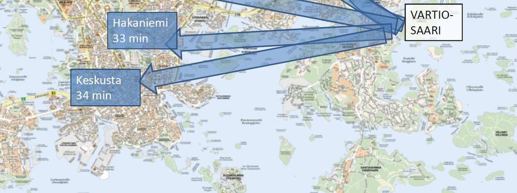 sekä kävelyn kohteeseen. Matka-ajat eroavat toisistaan kantakaupunkiin suuntautuvissa matkoissa. Suora raitiotieyhteys nopeuttaa näiden kohteiden saavuttamista muutamalla minuutilla.
