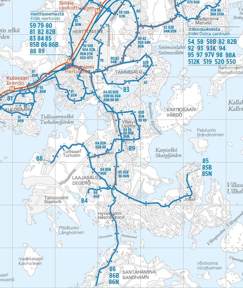 Kuva 2 Nykyisen vesibussiyhteyden reittiliikenteen aikataulut.