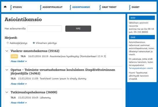 Asiointikansio Kansiosta voi hakea palvelua sen asianumerolla. Palveluja voi järjestää aakkosjärjestykseen tai päivämäärän mukaan.