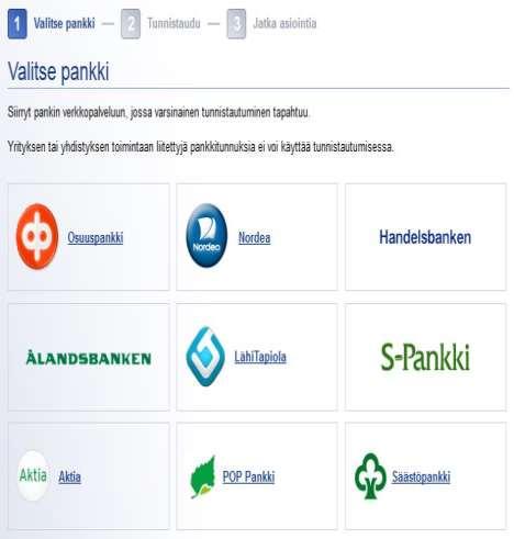 Kirjautuminen pankkitunnuksilla Kun asiakas on valinnut pankkitunnistamisen, hän tulee sivulle missä valitaan oma pankki.