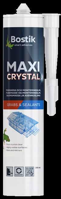 MAXI CRYSTAL TIIVISTÄVÄ ASENNUSLIIMA ENNENNÄKEMÄTTÖMÄN KIRKAS! Nyt voit liimata lasia, harjattua metallia ja muita näkyviä, kirkasvärisiä pintoja ilman keltaisia liimasaumoja tai näkyviä liimajäämiä.