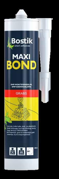 MAXI BOND MONIKÄYTTÖINEN JA YMPÄRISTÖÄLYKÄS ASENNUSLIIMA Mai Bond -asennusliima on nopeasti kovettuva liuotinaineeton ja ympäristöystävällinen SMP-polymeeripohjainen asennusliima, joka ilman