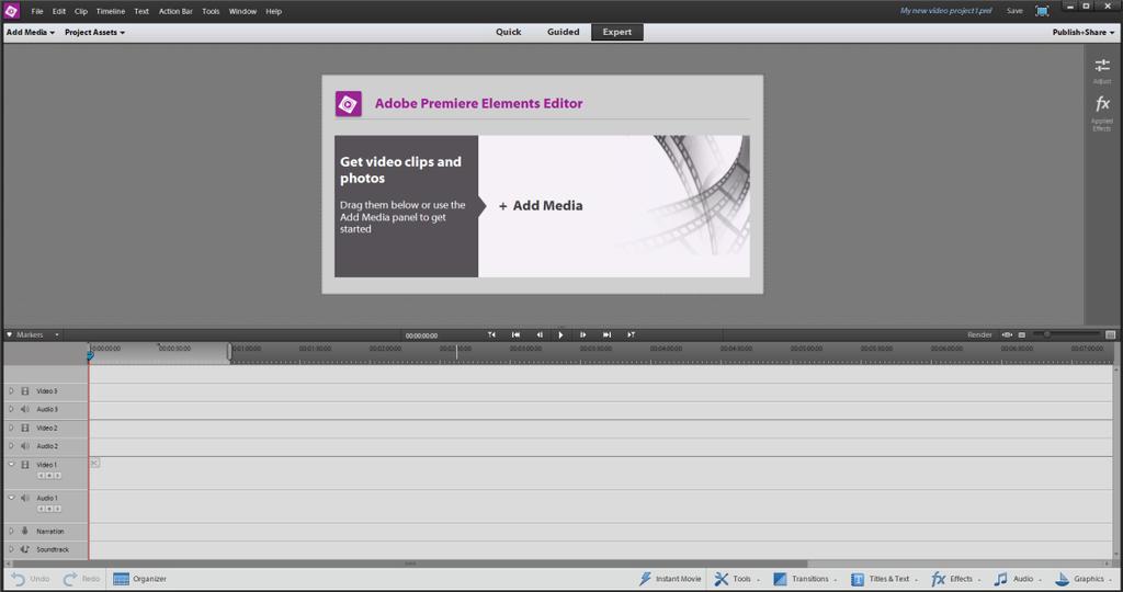 KUVIO 11. Adobe Premiere Elements 12. Editointiohjelman tyhjä työpöytä.