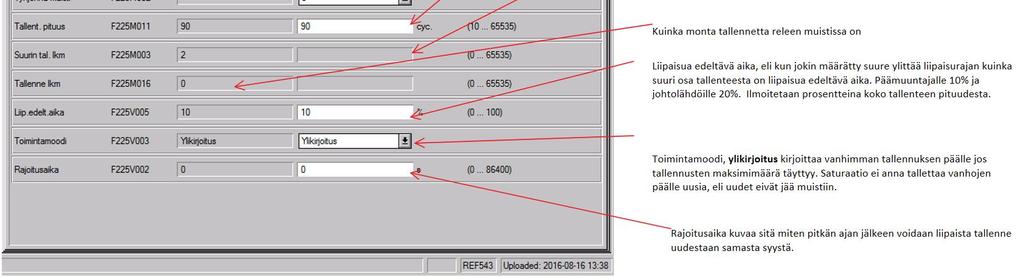 REF 500 -häiriötallennusten asetteluohje Yllä olevassa kuvassa päävalikon vasemmalla puolella on kaksi painiketta, joilla saadaan luettua ja tallennettua releelle asettelut.