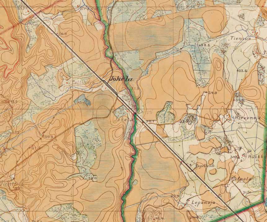 12 Jokelan seutua noin vuonna 1870; Huikossa on pieni tiilitehdas (tegelbruk), joka ei liity Jokelan