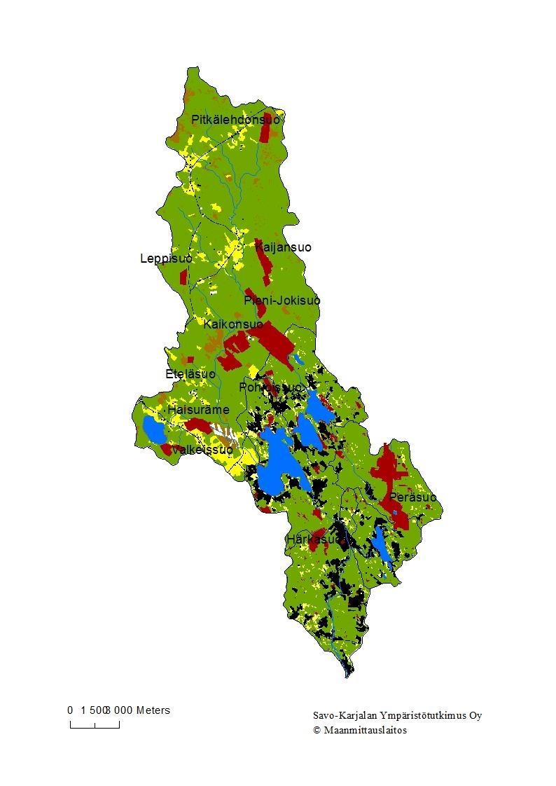 Yllä olevassa kuvassa on vesistöalueen maankäyttö (vihreä=metsä, keltainen=pelto, sininen=vesistö,