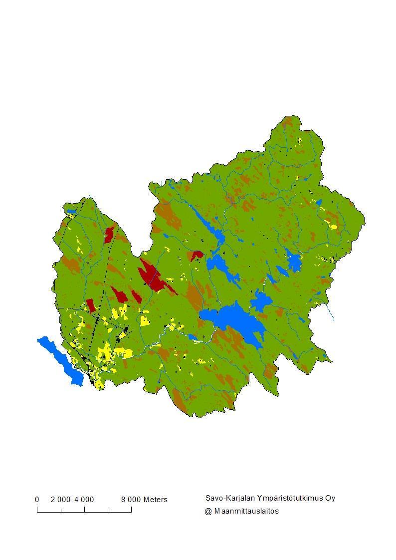 Yllä olevassa kuvassa on vesistöalueen maankäyttö (vihreä=metsä, keltainen=pelto, sininen=vesistö, oranssi=kosteikko,