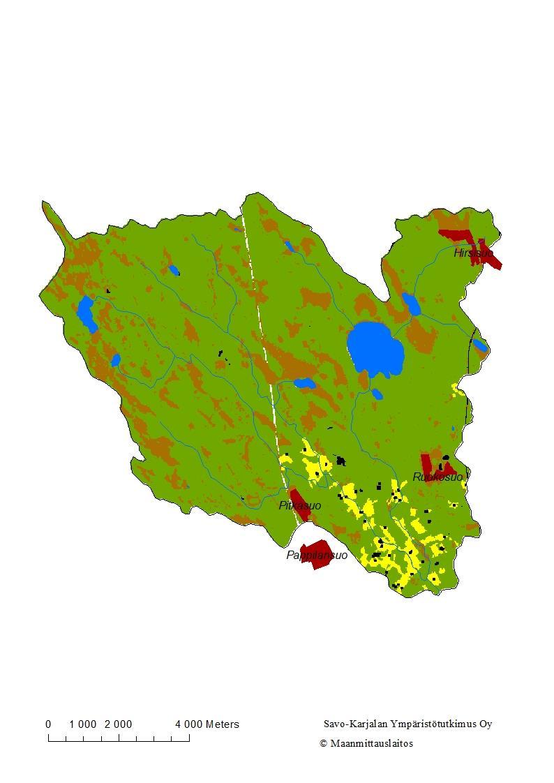 Yllä olevassa kuvassa on vesistöalueen maankäyttö (vihreä=metsä, keltainen=pelto, sininen=vesistö,