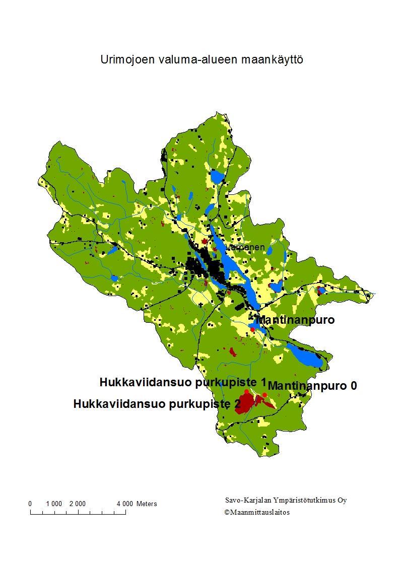 Vesistöalueen maankäyttö (vihreä=metsä, keltainen=pelto, sininen=vesistö,, ruskea=turvemaa/-