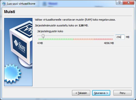 FreeBSD-asennukselle VirtualBoxin suosittelema minimi on 128 megatavua, mutta koska tarkoitus on luoda uusia virtuaaliympäristöjä FreeBSD:n sisään, on sille syytä antaa hieman lisää muistia.