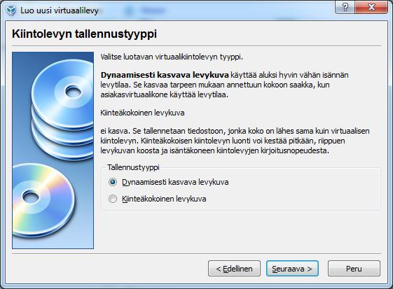helpompi hallita. Kuva 4: Virtuaalikiintolevyn tyypin valinta. VirtualBox tarjoaa levyn luomiseen kahta eri tapaa: dynaamisesti kasvavaa levykuvaa tai kiinteäkokoista levykuvaa (kuva 5).