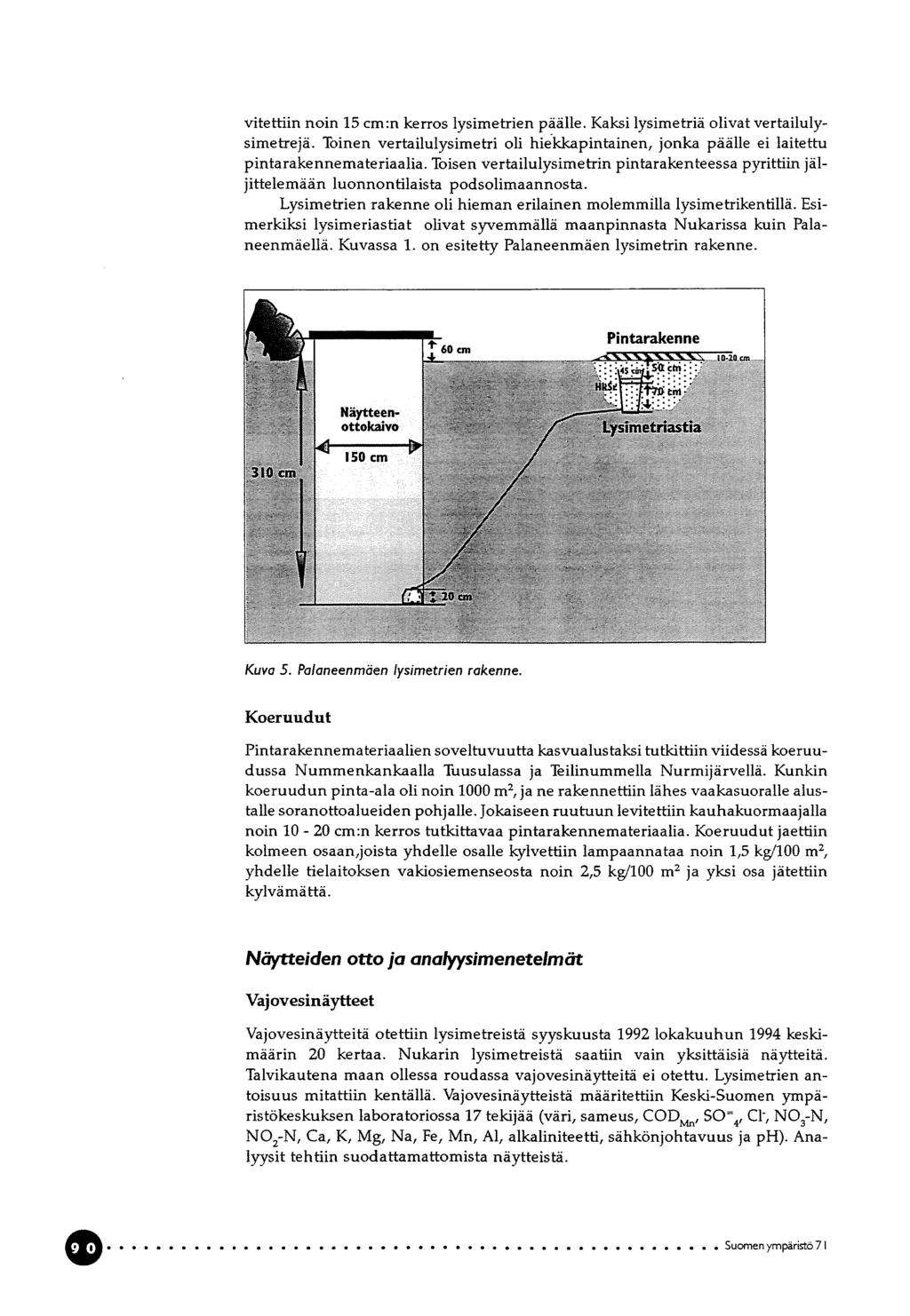 vitettiin noin 15 cm:n kerros lysimetrien päälle. Kaksi lysimetriä olivat vertailuly simetrejä. Toinen vertailulysimetri oli hiekkapintainen, jonka päälle ei laitettu pintarakennemateriaalia.