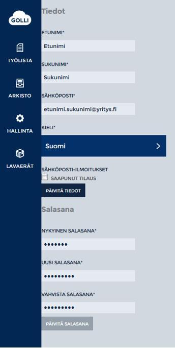 Tiedot-kohdassa näkyvät sisään kirjautuneen henkilön nimi sekä sähköpostiosoite. KIELI-valikosta valitaan käyttöliittymän kieli: suomi, ruotsi tai englanti.
