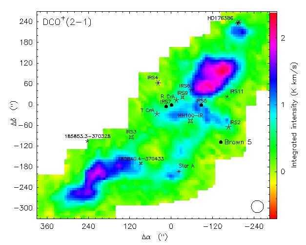 Molekyyliviivakartat: esimerkkejä Corona Australis -molekyylipilvi DCO + (J = 2 1) -viivasäteilykartta (λ 2mm, infrapunassa näkyvät kirkkaimmat