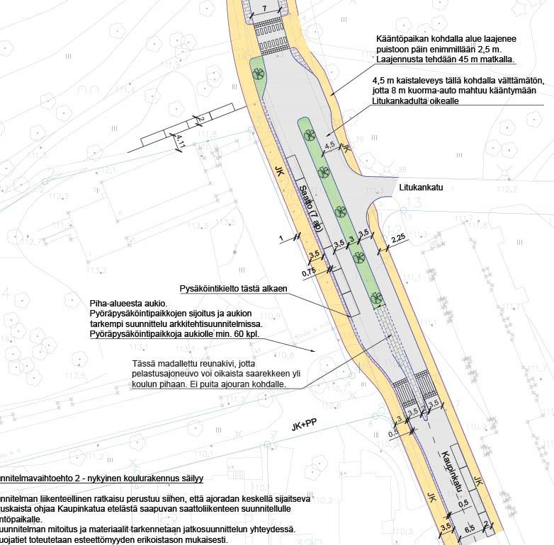 Liikennesuunnitelma Vaihtoehto nykyisen säilyttävä Nykyisen rakennuksen säilyttävässä vaihtoehdossa Kaupinkadun poikkileikkausta muuttamalla koulun kohdalla luodaan koulun