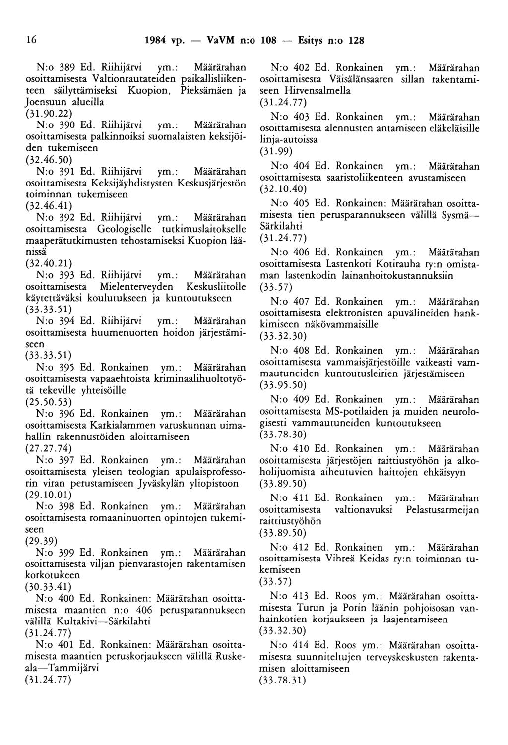 16 1984 vp. - VaVM n:o 108 - Esitys n:o 128 N:o 389 Ed. Riihijärvi ym.: Määrärahan osoittamisesta Valtionrautateiden paikallisliikenteen säilyttämiseksi Kuopion, Pieksämäen ja Joensuun alueilla (31.