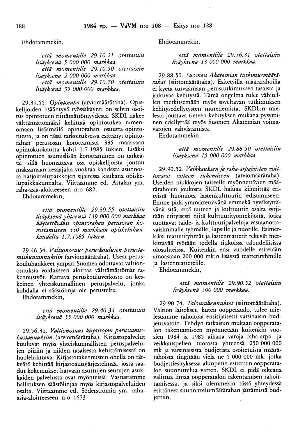 188 1984 vp. - VaVM n:o 108 - Esitys n:o 128 Ehdotammekin, että momentzlle 29.1 0. 21 otettazszzn lisäyksenä 5 000 000 markkaa, että momentzlle 29.10.50 otettaiszin lisäyksenä 2 000 000 markkaa, että momentzlle 29.