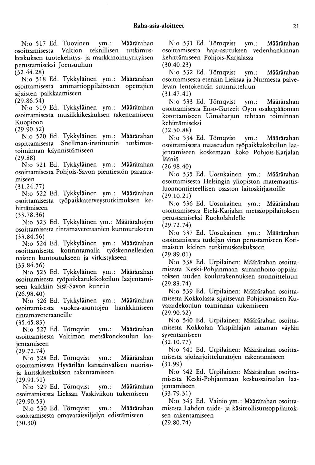Raha -asia -aloitteet 21 N:o 517 Ed. Tuovinen ym.: Määrärahan osoittamisesta Valtion teknillisen tutkimuskeskuksen tuotekehitys- ja markkinointiyrityksen perustamiseksi Joensuuhun (32.44.